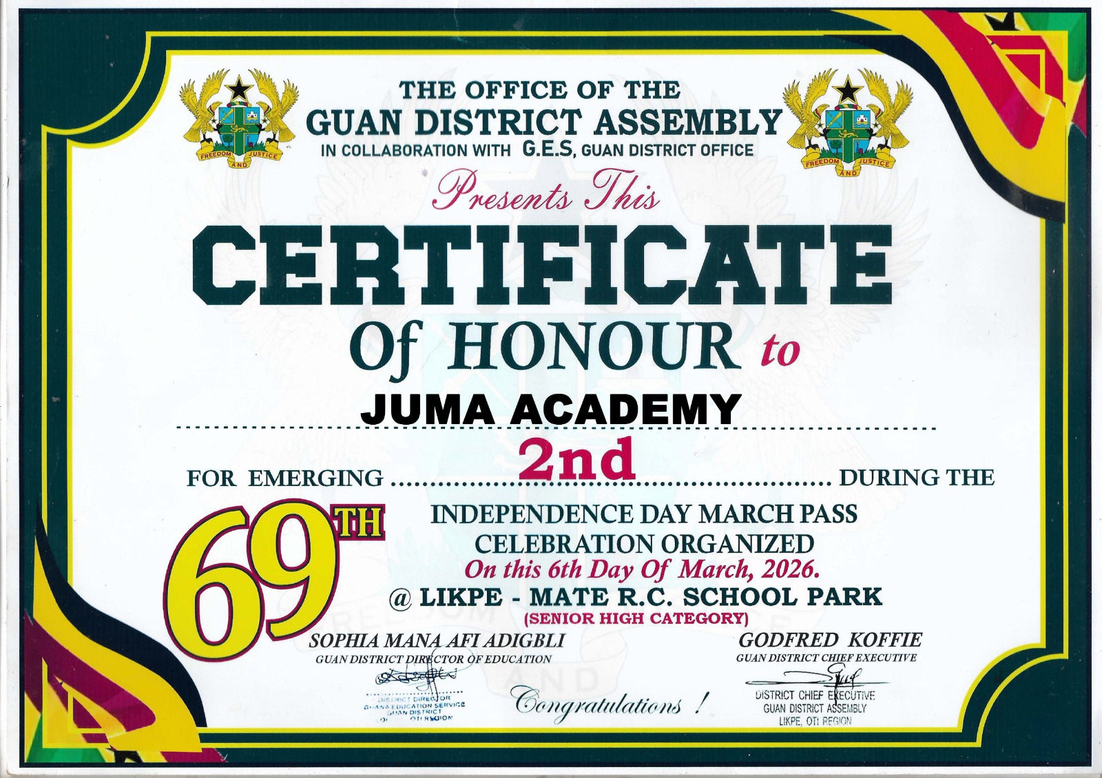Certificate of Honour — Juma Academy, 2nd place at 69th Independence Day March Pass, Senior High Category, March 6, 2026