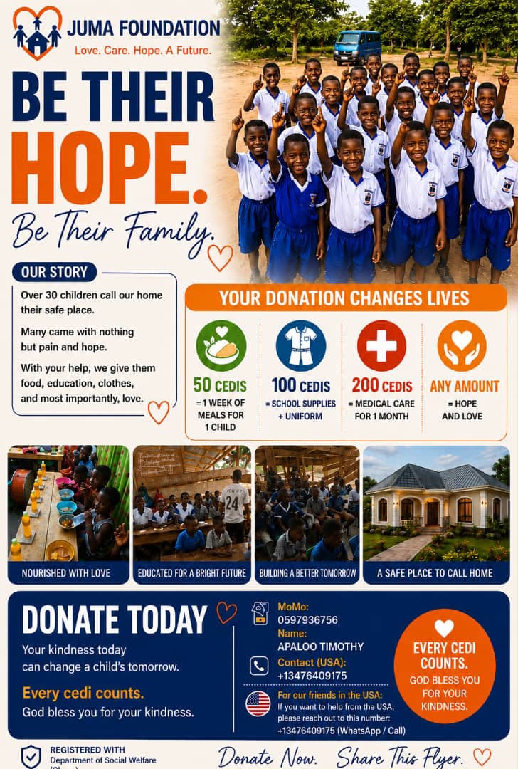 Juma Foundation — Be Their Hope. Be Their Family. Campaign flyer showing children and donation information